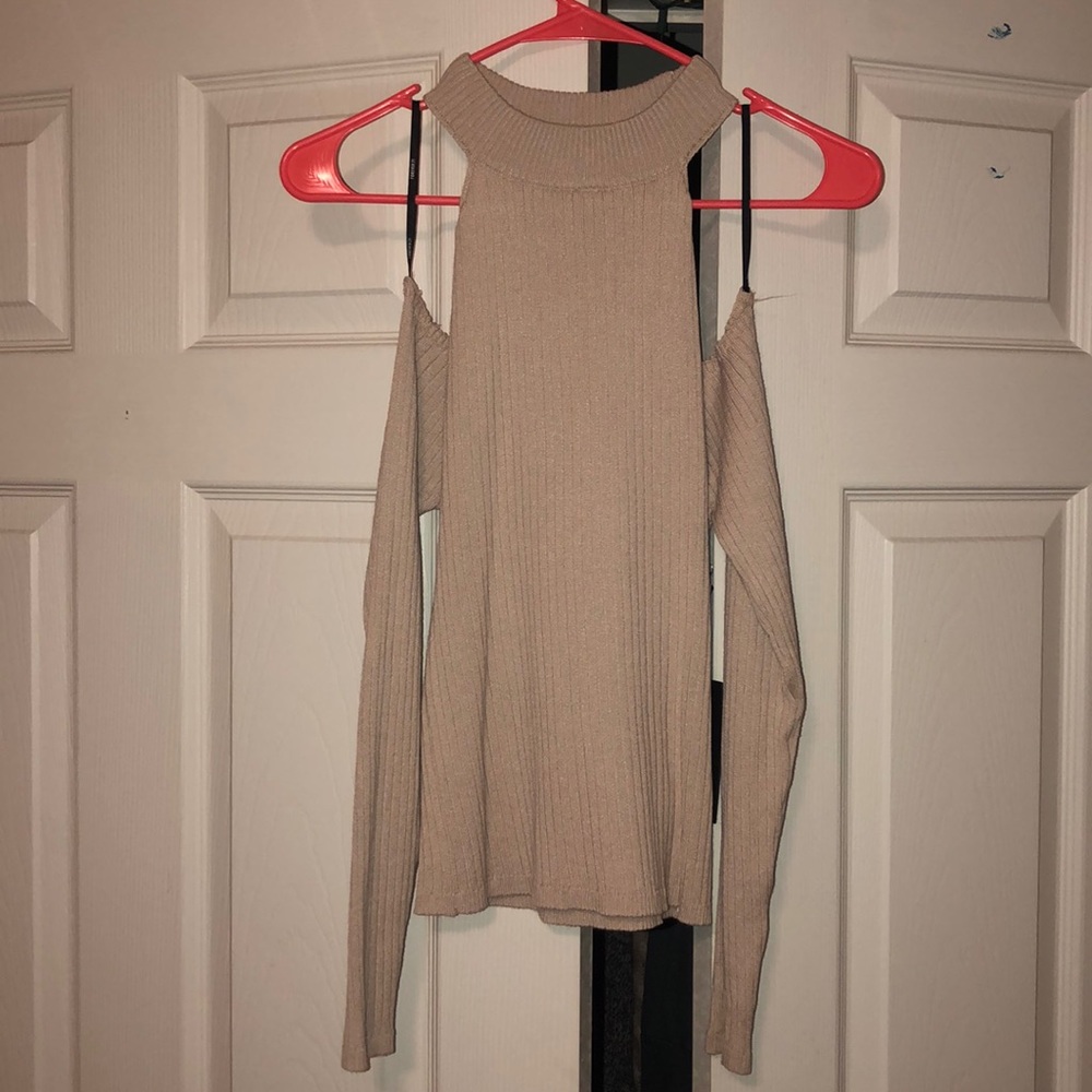 Open Shoulder Turtle Neck Ribbed Sweater